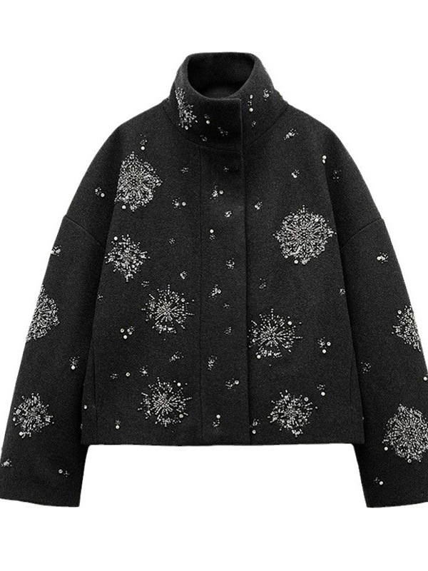 Žensko sako s stojećim ovratnikom, floralni uzorak, jesen-zima 2024, labav kroj, kopčanje na jedan red, dugi rukavi, retro stil.