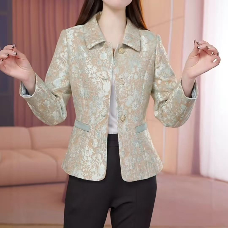 Ženski jesenski casual blejzer, kratka linija, labav kroj, žakard poliester, s reverom, elegantan svakodnevni stil