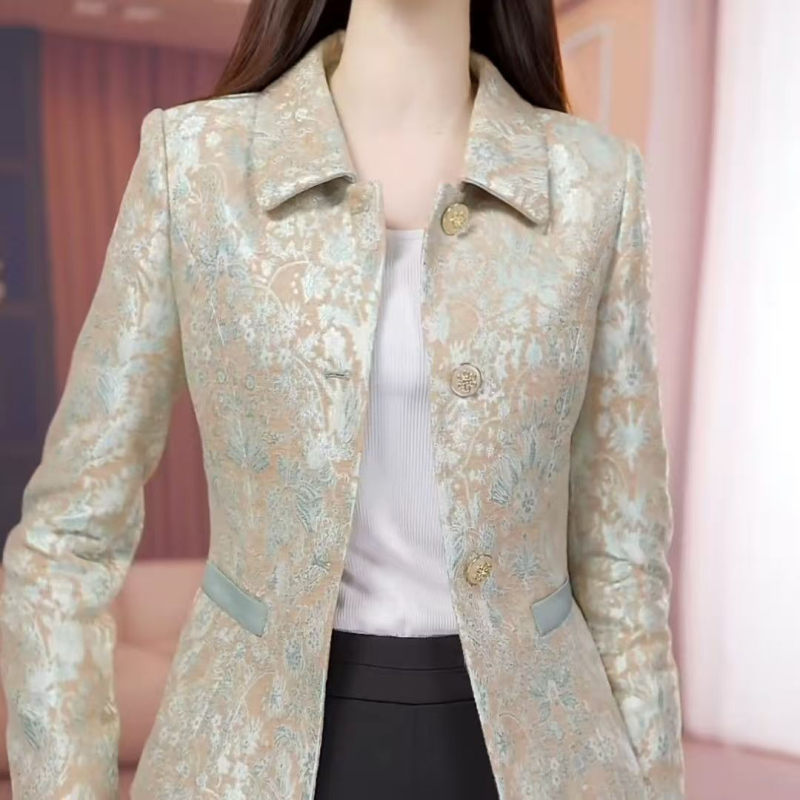 Ženski jesenski casual blejzer, kratka linija, labav kroj, žakard poliester, s reverom, elegantan svakodnevni stil