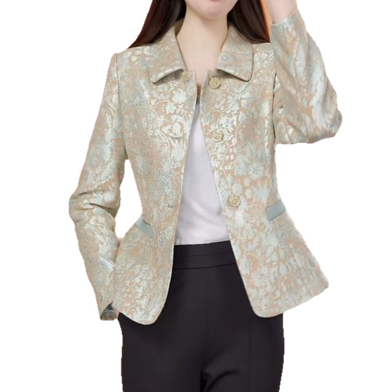Ženski jesenski casual blejzer, kratka linija, labav kroj, žakard poliester, s reverom, elegantan svakodnevni stil