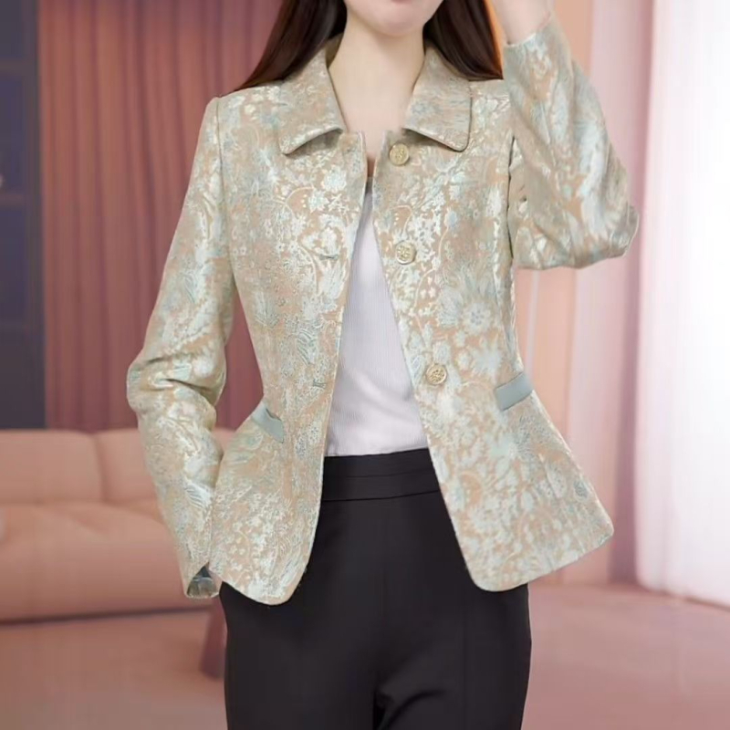 Ženski jesenski casual blejzer, kratka linija, labav kroj, žakard poliester, s reverom, elegantan svakodnevni stil