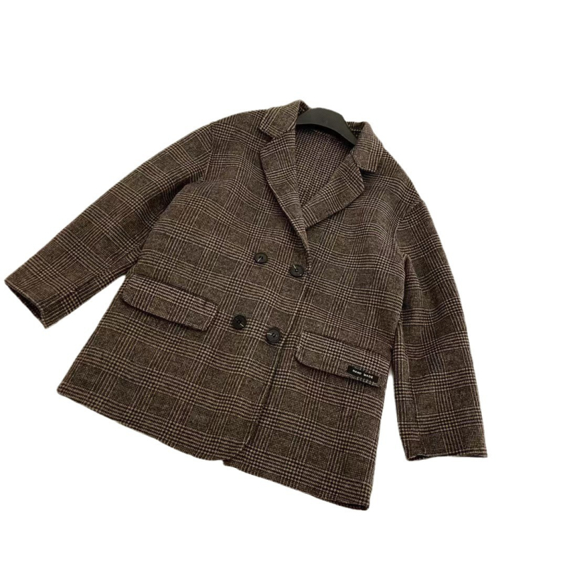 Női gyapjúkabát houndstooth mintával, rövid fazon, kis méret, dupla gombolás, zakó-stílusú külső