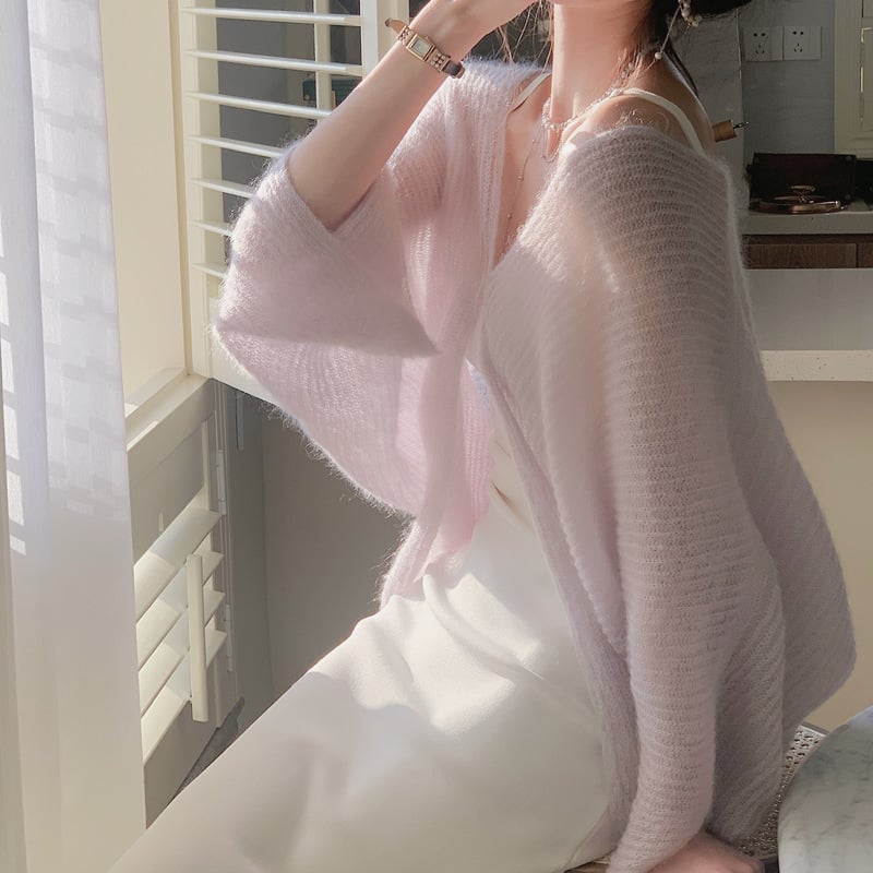 Bijeli mohair pleteni kardigan – lagani proljetno-ljetni gornji dio odjeće, korejski nježni stil, casual top s zaštitom od sunca