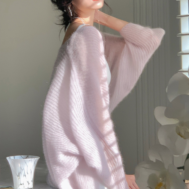 Bijeli mohair pleteni kardigan – lagani proljetno-ljetni gornji dio odjeće, korejski nježni stil, casual top s zaštitom od sunca