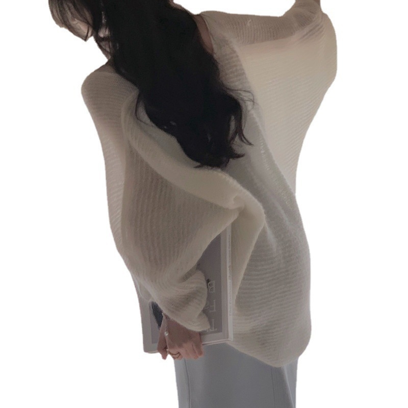 Bijeli mohair pleteni kardigan – lagani proljetno-ljetni gornji dio odjeće, korejski nježni stil, casual top s zaštitom od sunca