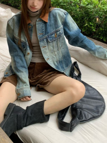 Američka retro denim jakna s korejskim chic štihom, labav kroj, kratka duljina, jesen 2025