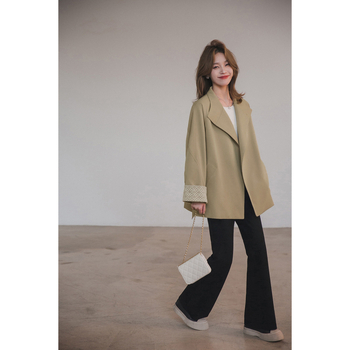 Khaki trench kaput za žene s manjom visinom, jesen 2025, vintage casual široka kroj, kaput sa stojećim ovratnikom