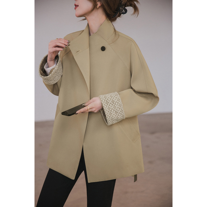 Khaki trench kaput za žene s manjom visinom, jesen 2025, vintage casual široka kroj, kaput sa stojećim ovratnikom