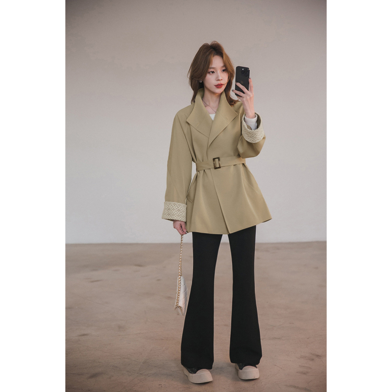 Khaki trench kaput za žene s manjom visinom, jesen 2025, vintage casual široka kroj, kaput sa stojećim ovratnikom