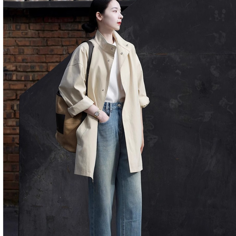 Ženski trench coat u japansko-korejskom stilu, srednja duljina, ležerni kroj, polo ovratnik, pamuk-elastan mješavina