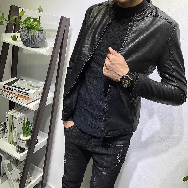 Férfi PU bőrdzseki, slim-fit, rövid modell, álló gallér, cipzár, hétköznapi stílus