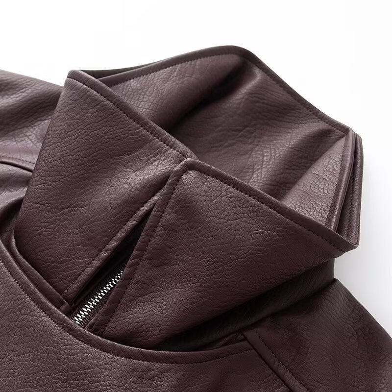 ZYURA Ženska jakna od umjetne kože, kratka duljina, V-dekolte, Slim fit, casual dizajn, 2025