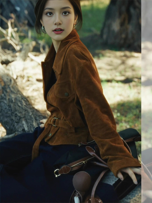 Ženska smeđa nubuk jakna kratkog kroja sa reverom, retro stil, jesensko-zimska 2025