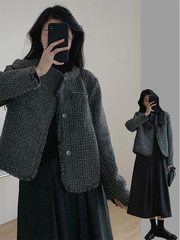 Ženska kratka jakna s resicama u mliječno-sivoj boji, Chanel inspirirana, za proljeće i jesen, elegantan minimalistički kroj, slobodan kroj, dugi rukavi