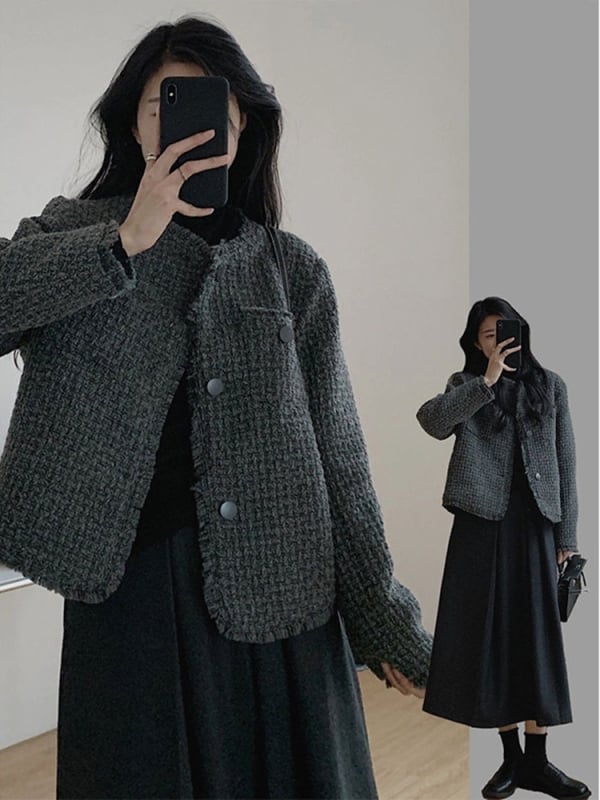 Ženska kratka jakna s resicama u mliječno-sivoj boji, Chanel inspirirana, za proljeće i jesen, elegantan minimalistički kroj, slobodan kroj, dugi rukavi