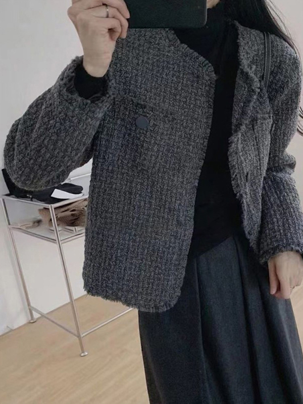 Ženska kratka jakna s resicama u mliječno-sivoj boji, Chanel inspirirana, za proljeće i jesen, elegantan minimalistički kroj, slobodan kroj, dugi rukavi