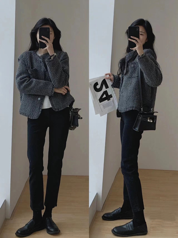 Ženska kratka jakna s resicama u mliječno-sivoj boji, Chanel inspirirana, za proljeće i jesen, elegantan minimalistički kroj, slobodan kroj, dugi rukavi