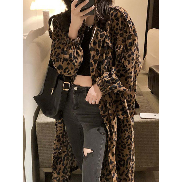 Ženski trench kaput s leopard printom, srednje duljine, jesenji stil, opuštena silueta, dugi rukavi