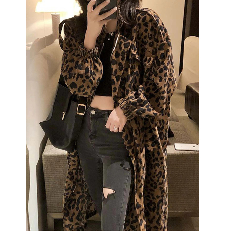 Ženski trench kaput s leopard printom, srednje duljine, jesenji stil, opuštena silueta, dugi rukavi