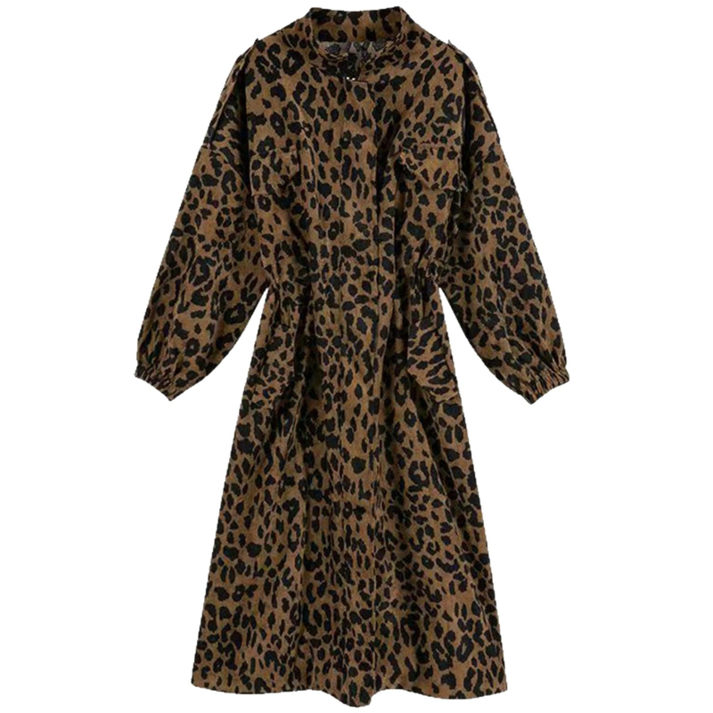 Ženski trench kaput s leopard printom, srednje duljine, jesenji stil, opuštena silueta, dugi rukavi