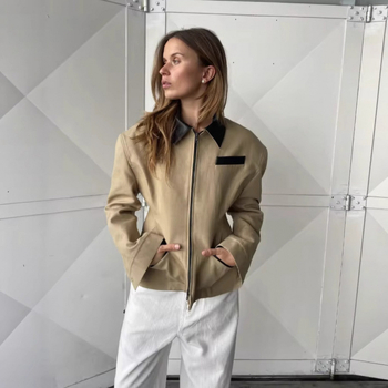 ZaryDaisy kratka crna patchwork jakna s reverom, strukiran siluetu, dugi rukavi, retro stil