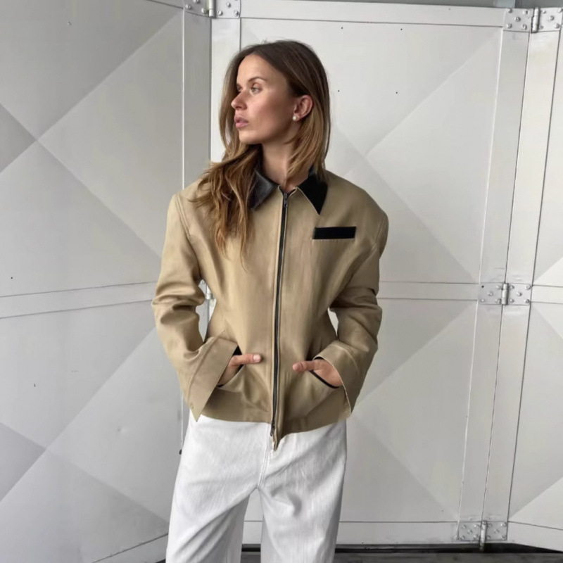 ZaryDaisy kratka crna patchwork jakna s reverom, strukiran siluetu, dugi rukavi, retro stil