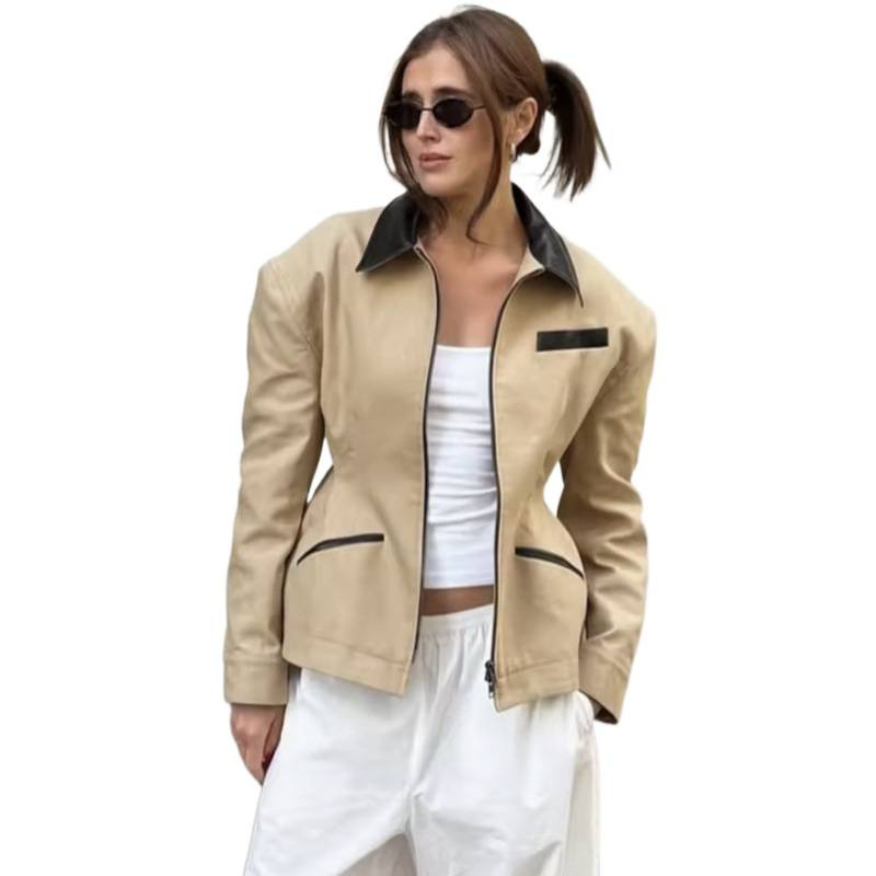 ZaryDaisy kratka crna patchwork jakna s reverom, strukiran siluetu, dugi rukavi, retro stil