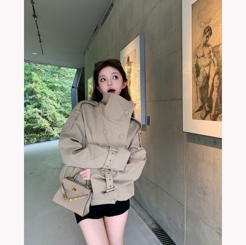 Ženski dvostruko kopčani khaki windbreaker cardigan, stojeći ovratnik, dugi rukavi, opuštena silueta, jesenski elegantan svakodnevni stil