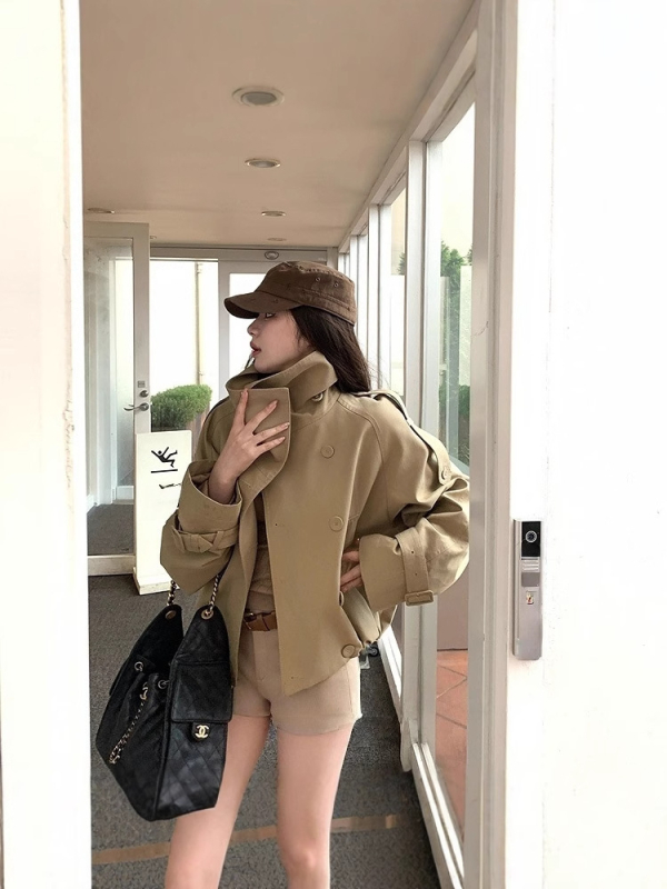 Khaki kratka ženska windbreaker sa stojećim ovratnikom, 2025 proljeće-jesen, petite, dvostruko kopčanje, britanski stil