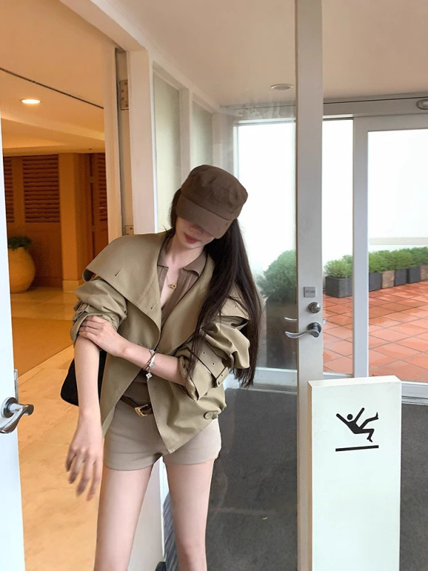 Khaki kratka ženska windbreaker sa stojećim ovratnikom, 2025 proljeće-jesen, petite, dvostruko kopčanje, britanski stil