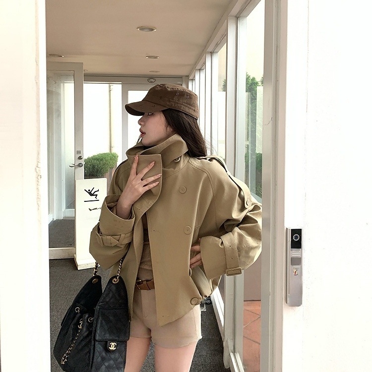 Khaki kratka ženska windbreaker sa stojećim ovratnikom, 2025 proljeće-jesen, petite, dvostruko kopčanje, britanski stil