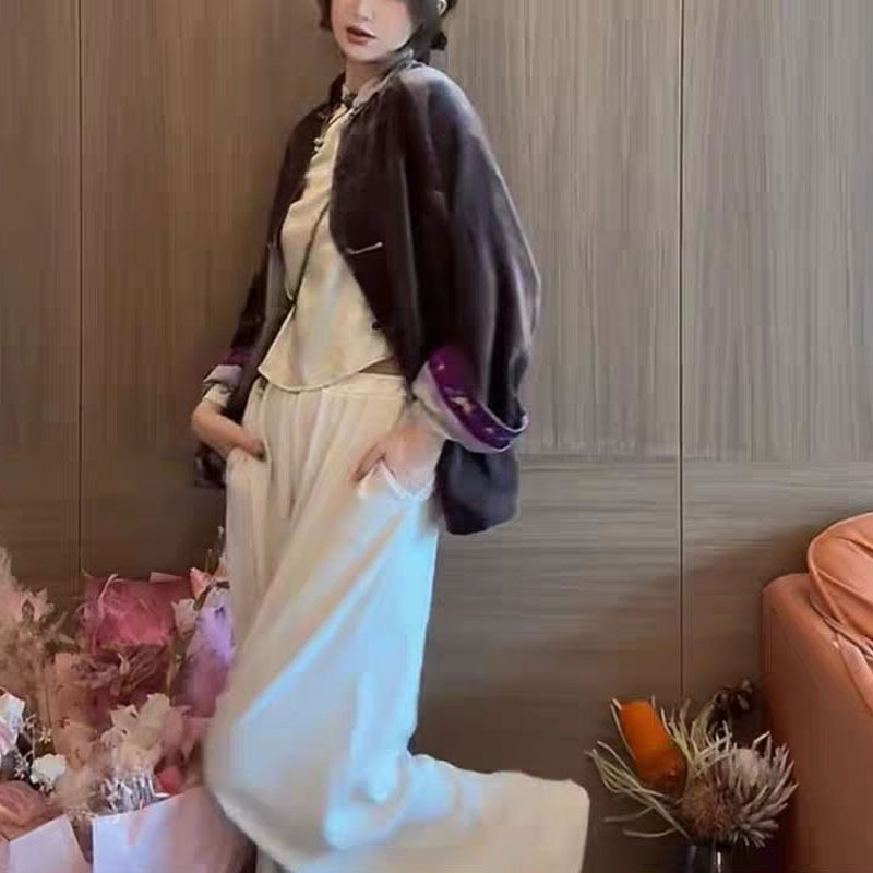 Ženski baršunasti sako sa stojećim ovratnikom, jacquard uzorak, kopčanje na jedan gumb, kineski retro stil, lagan za proleće i jesen, s izvezenim manžetama