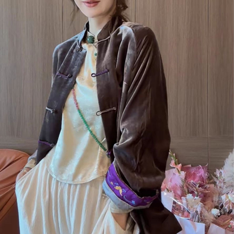 Ženski baršunasti sako sa stojećim ovratnikom, jacquard uzorak, kopčanje na jedan gumb, kineski retro stil, lagan za proleće i jesen, s izvezenim manžetama