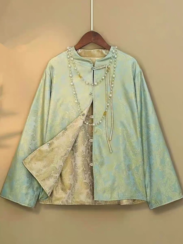 Novi kineski stil: saten Jacquard top s resicama, stojeći ovratnik, retro kopčama, dugi rukavi
