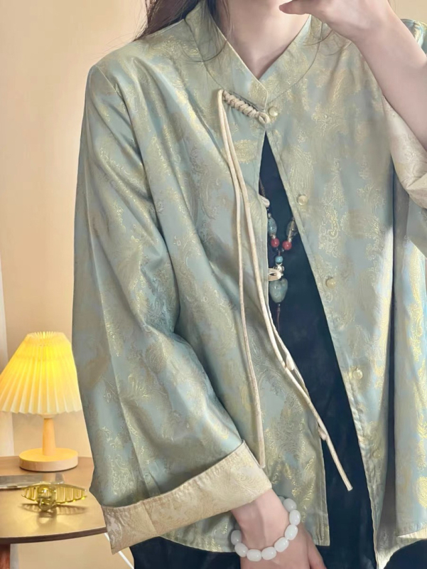 Novi kineski stil: saten Jacquard top s resicama, stojeći ovratnik, retro kopčama, dugi rukavi