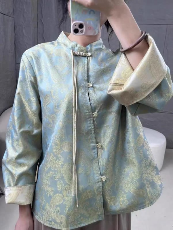 Novi kineski stil: saten Jacquard top s resicama, stojeći ovratnik, retro kopčama, dugi rukavi