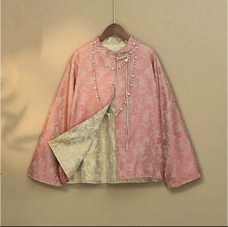 Novi kineski stil: saten Jacquard top s resicama, stojeći ovratnik, retro kopčama, dugi rukavi