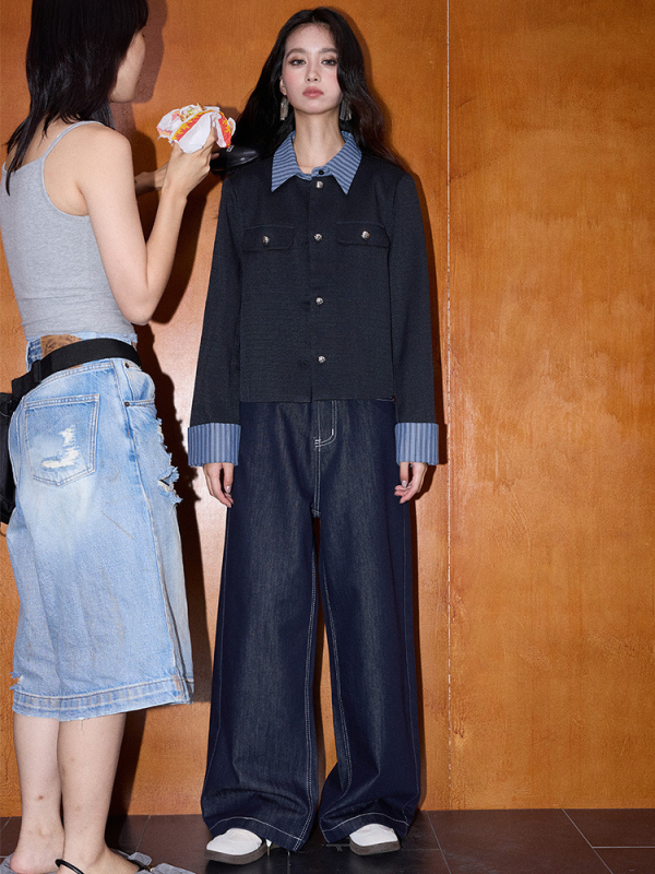 Shengdu 26 Proljeće Novi Retro Korejski Stil – Prugasti Patchwork, Visoke Kvalitete Chanel Stil Gornja Jakna