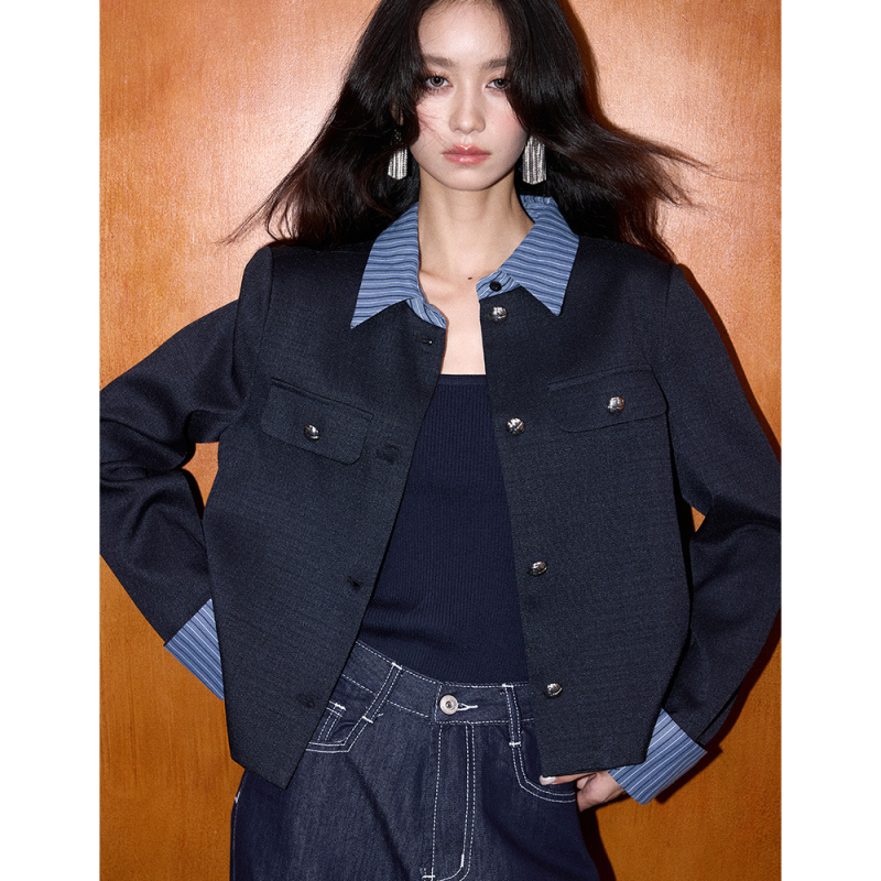 Shengdu 26 Proljeće Novi Retro Korejski Stil – Prugasti Patchwork, Visoke Kvalitete Chanel Stil Gornja Jakna