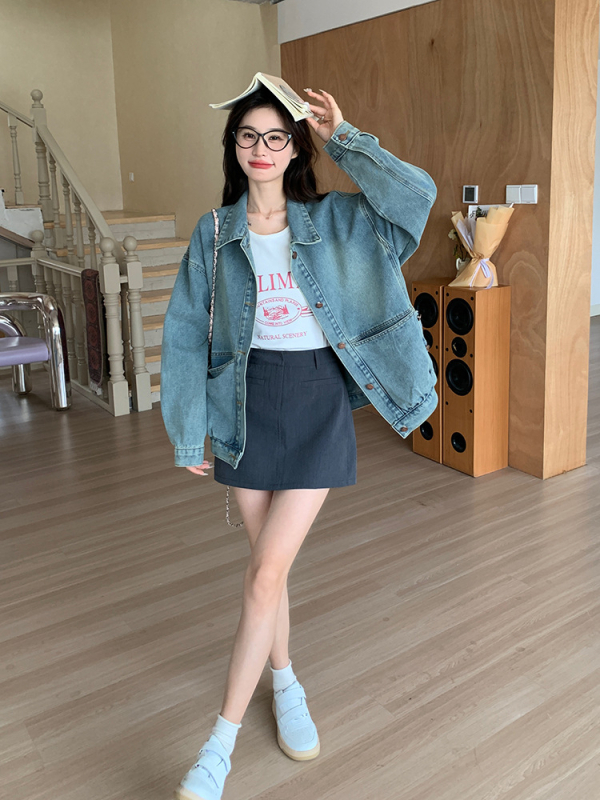Plava retro džins jakna za žene, mala veličina, proljeće 2024, korejski casual BF stil.