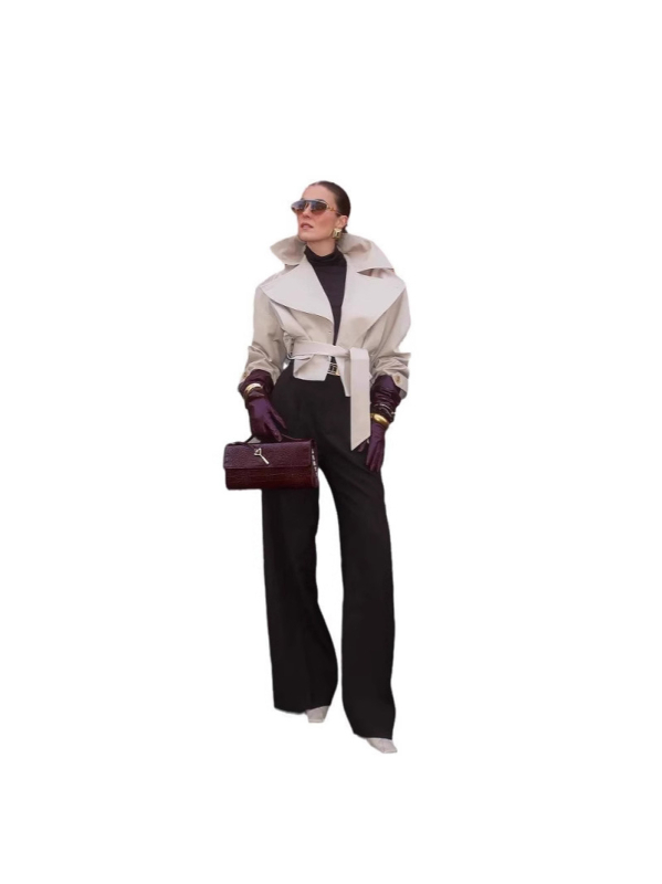 Jednobojna windbreaker jakna kratkog kroja, s reverom, vezanjem u struku, dugi rukavi, elegantan stil za žene, zima 2024
