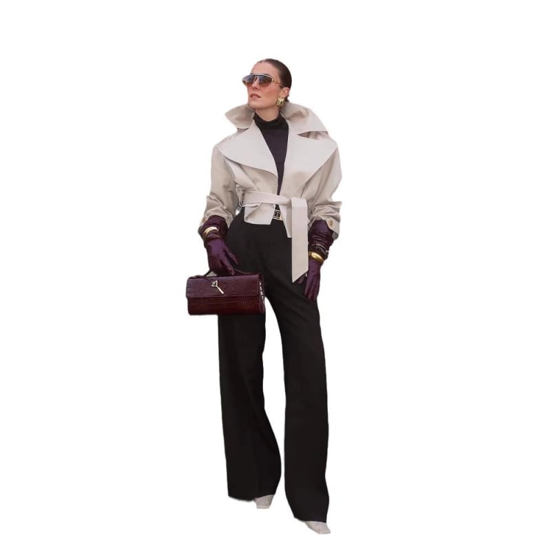 Jednobojna windbreaker jakna kratkog kroja, s reverom, vezanjem u struku, dugi rukavi, elegantan stil za žene, zima 2024