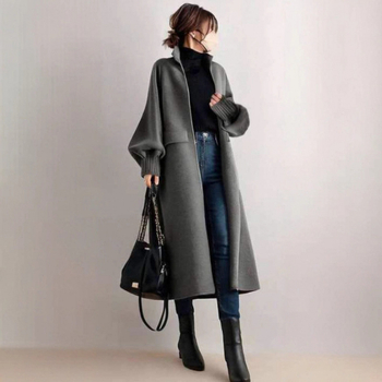 Ženska moda inspirisana japanskim i korejskim stilom, jesensko-zimska 2025, svestran elegantni kardigan-kabát sa stojećim ovratnikom, dugi rukavi