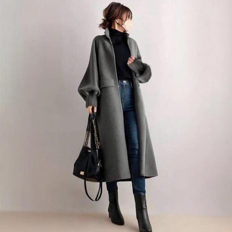 Ženska moda inspirisana japanskim i korejskim stilom, jesensko-zimska 2025, svestran elegantni kardigan-kabát sa stojećim ovratnikom, dugi rukavi