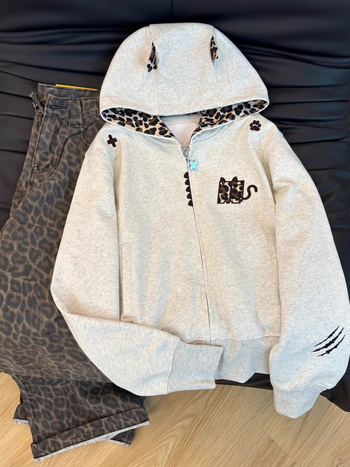 Ženska jakna s kapuljačom i leopard patchworkom, gradski elegantan stil, zatvarač