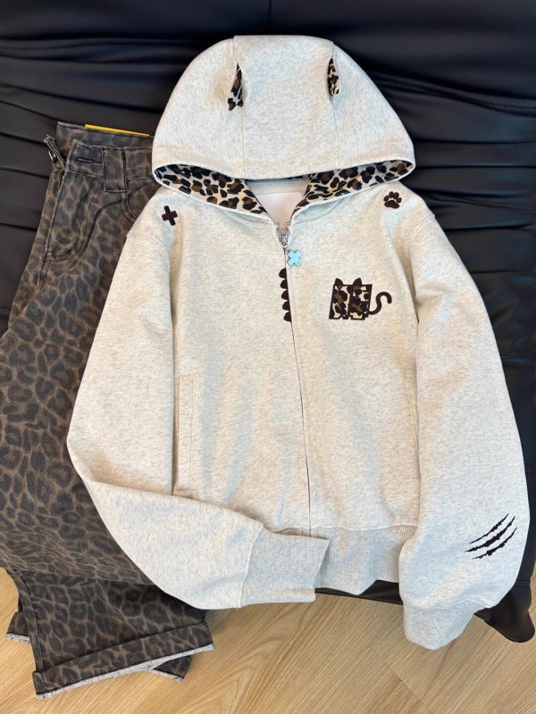 Ženska jakna s kapuljačom i leopard patchworkom, gradski elegantan stil, zatvarač
