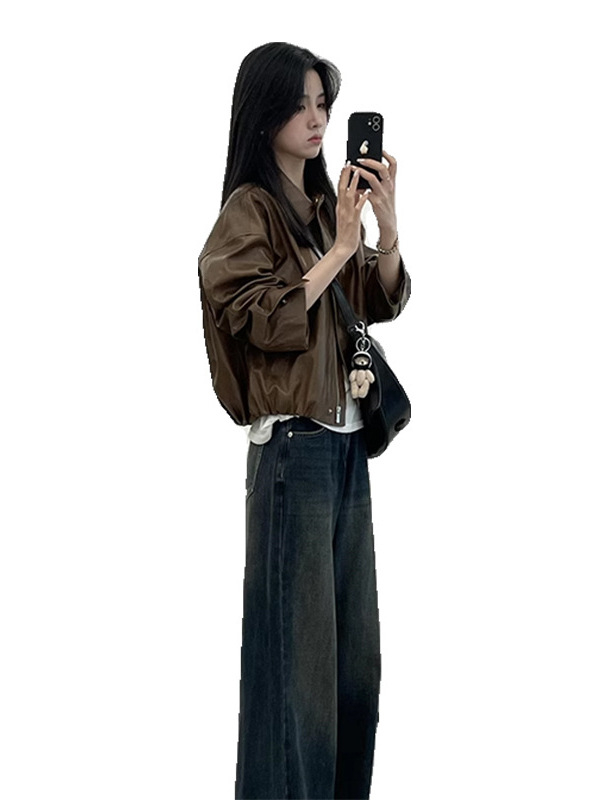 Ženska kožna jakna u boji kave, hongkonški retro stil, vrhunska kvaliteta za jesen-zimu, slobodan kroj, model 7939