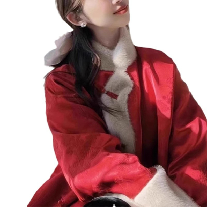 Ženski zimski kaput u Tang stilu, crvene boje, kopčama s čvorovima, elegantan kineski stil