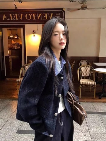 Plus-size ženska jakna u korejskom stilu, lažni dvodijelni patchwork, Chanel stil ovratnik, jesen, opušteno, ležerni top