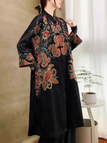 Ženski kaput s etničkim stilom, jacquard satin izvezen, visok ovratnik, srednja duljina